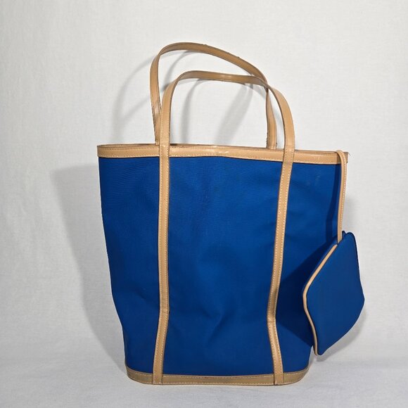 VINTAGE 90s Y2K Retro Handbags - VINTAGE 90s Y2K Whitney Blue Canvas & Tan Trim Open Top Structure Roomy Tote Bag